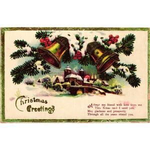 Antique Christmas Postcard Embossed Gold Bells Snow‎ Village Germany